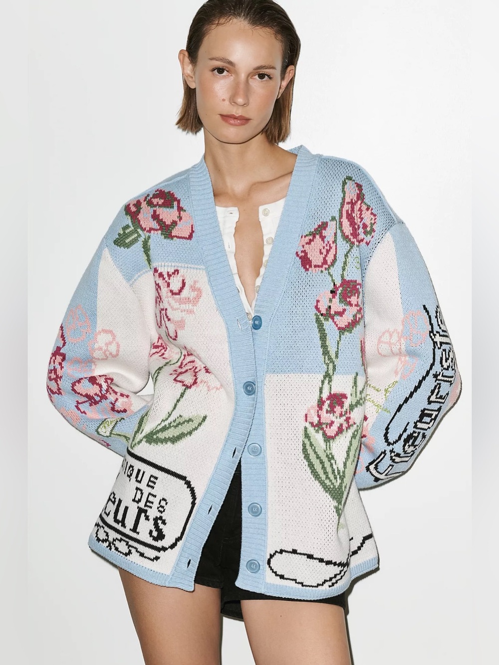 By Anthropologie Oversized Floral V-Neck Cardigan Sweater